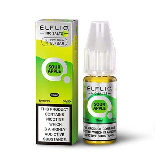 Elf Bar Elfliq sour apple nic salt 10ml bottle and box with 10mg nicotine and 50/50 VG/PG ratio