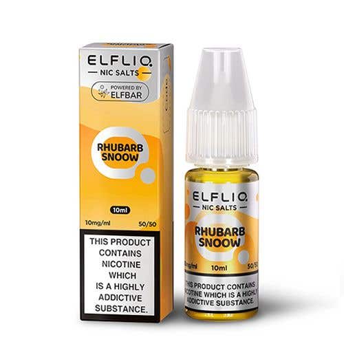 Elf Bar Elfliq 10ml Nic Salt bottle and box in Rhubarb Snoow flavor with 10mg nicotine and 50/50 VG/PG ratio