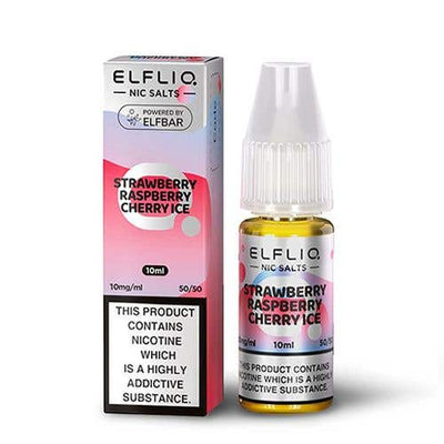 Elf Bar Elfliq 10ml Nic Salt bottle and packaging in Strawberry Raspberry Cherry Ice flavor with 10mg nicotine and 50/50 VG/PG ratio