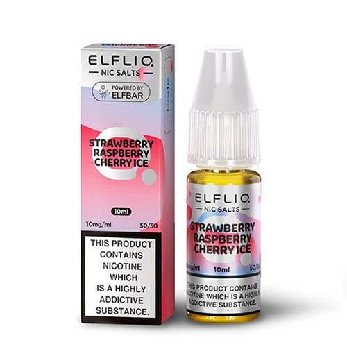 Elf Bar Elfliq 10ml Nic Salt bottle and packaging in Strawberry Raspberry Cherry Ice flavor with 10mg nicotine and 50/50 VG/PG ratio