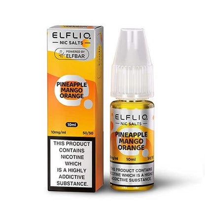 Elf Bar Elfliq 10ml nic salt bottle and box in pineapple mango orange flavor with 10mg nicotine strength.