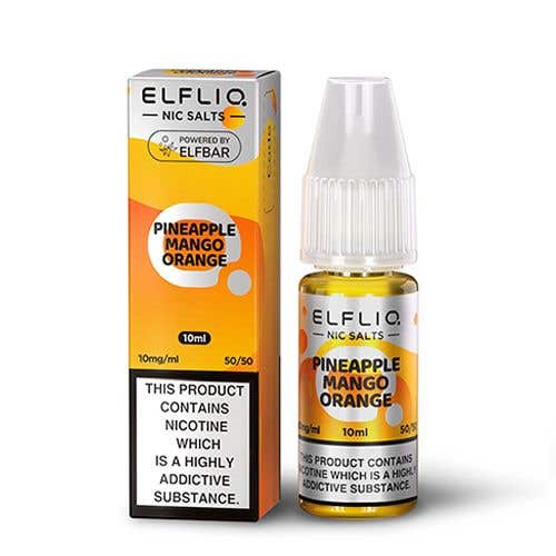 Elf Bar Elfliq 10ml nic salt bottle and box in pineapple mango orange flavor with 10mg nicotine strength.