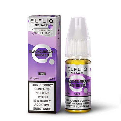 Elf Bar Elfliq 10ml Nic Salt Blackcurrant Aniseed flavor bottle and box with 10mg nicotine and 50/50 VG/PG ratio