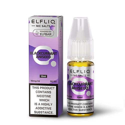 Elf Bar Elfliq 10ml Nic Salt Blackcurrant Aniseed flavor bottle and box with 10mg nicotine and 50/50 VG/PG ratio