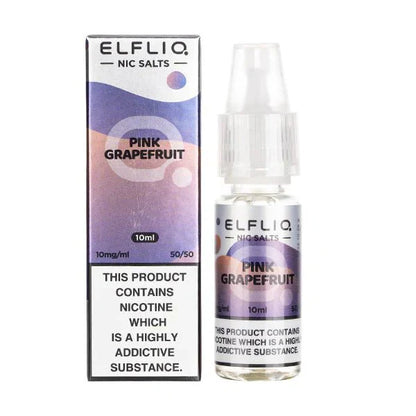 Elf Bar Elfliq Nic Salt 10ml Pink Grapefruit flavor bottle and box with nicotine warning label
