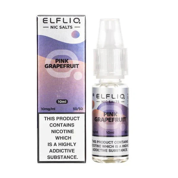 Elf Bar Elfliq Nic Salt 10ml Pink Grapefruit flavor bottle and box with nicotine warning label
