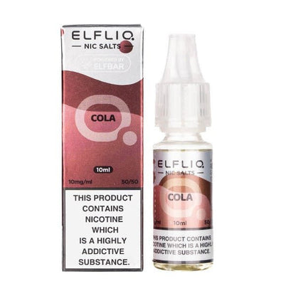 Elf Bar Elfliq 10ml nicotine salt cola flavor bottle and box with 10mg strength and 50/50 VG/PG ratio