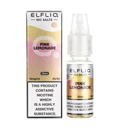 Elf Bar Elfliq Pink Lemonade 10ml Nic Salt vape juice bottle and box with 10mg nicotine and 50/50 VG/PG ratio