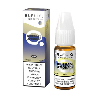 Elf Bar Elfliq Blue Razz Lemonade 10ml Nic Salt e-liquid bottle and box with nicotine warning label