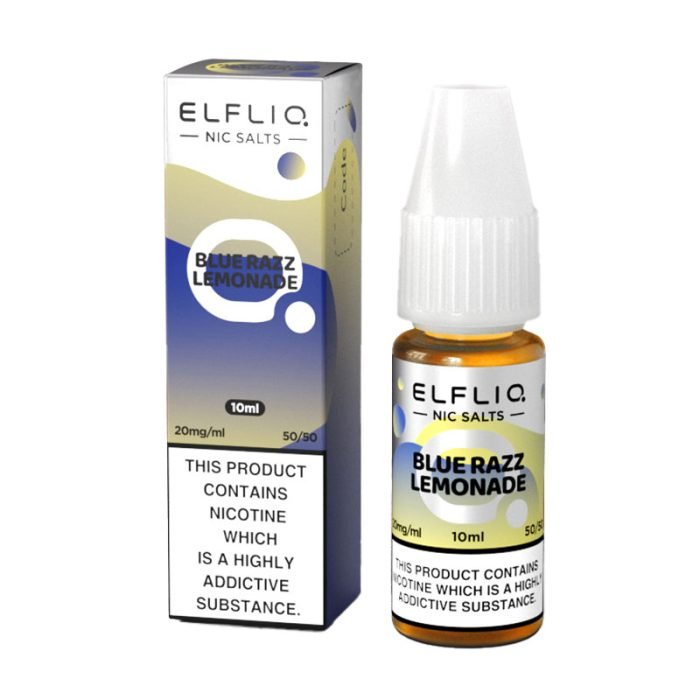Elf Bar Elfliq Blue Razz Lemonade 10ml Nic Salt e-liquid bottle and box with nicotine warning label