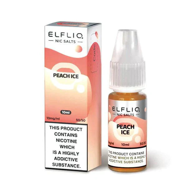 Elf Bar Elfliq Peach Ice 10ml nicotine salt e-liquid with 10mg strength and 50/50 VG/PG ratio in a boxed 10-pack