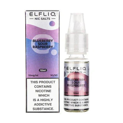 Elf Bar Elfliq 10ml nic salt e-liquid blueberry sour raspberry flavor with 10mg nicotine strength and 50/50 VG/PG ratio in a box of 10.