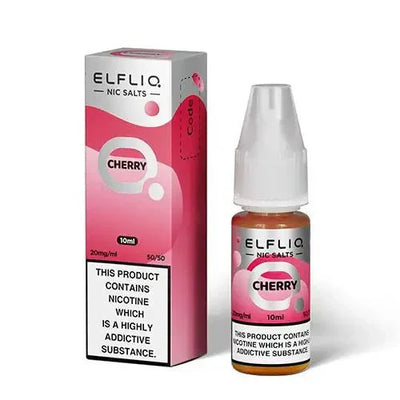 Elf Bar Elfliq Cherry Nic Salt 10ml bottle and box with 20mg nicotine strength and 50/50 VG/PG ratio