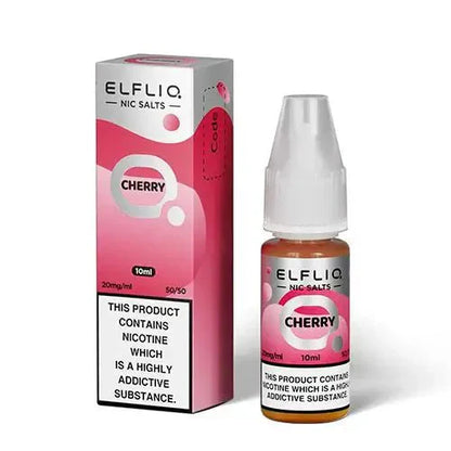 Elf Bar Elfliq Cherry Nic Salt 10ml bottle and box with 20mg nicotine strength and 50/50 VG/PG ratio