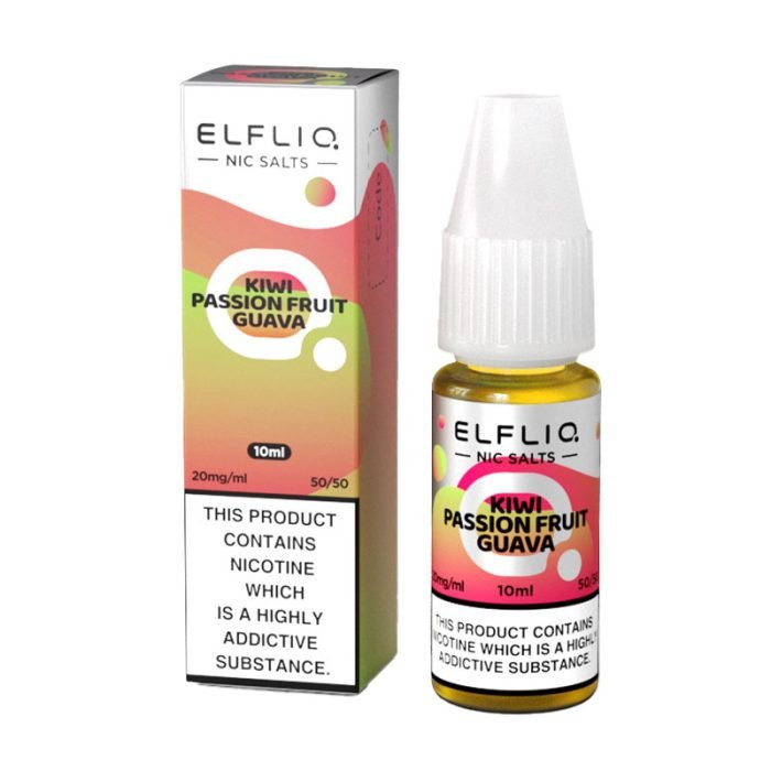 Elf Bar Elfliq 10ml nic salt bottle and box with kiwi passion fruit guava flavor, 20mg nicotine strength, 50/50 VG/PG ratio.