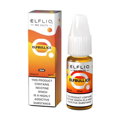 Elf Bar Elfliq 10ml nic salt bottle and box with orange and white design, 20mg nicotine strength, 50/50 VG/PG ratio