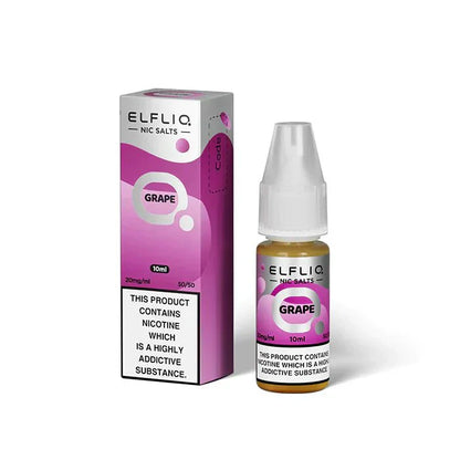 Elf Bar Elfliq 10ml Grape Nic Salt e-liquid bottle and packaging with 20mg nicotine and 50/50 VG/PG ratio
