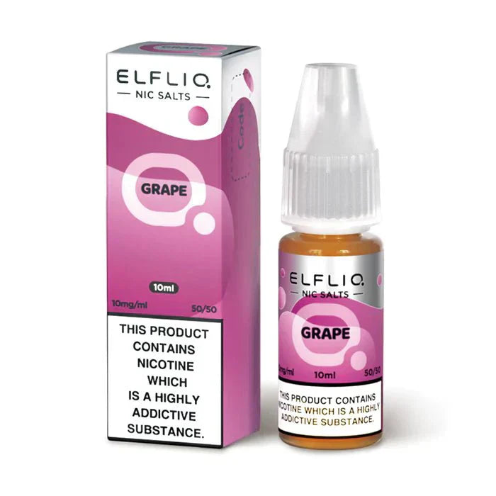 Elf Bar Elfliq 10ml Nic Salt grape flavor bottle and box with 10mg nicotine and 50/50 VG/PG ratio.