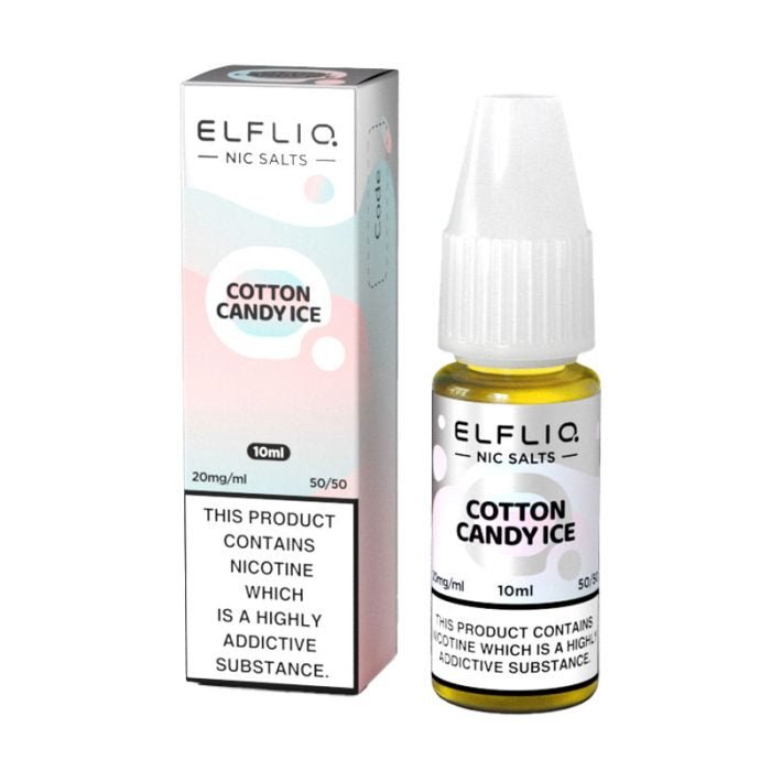 Elf Bar Elfliq 10ml Nic Salt Cotton Candy Ice flavor bottle and box with 20mg nicotine and 50/50 VG/PG ratio