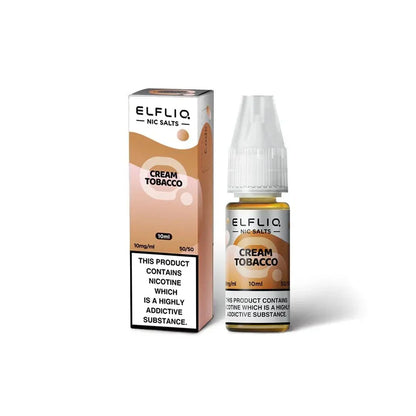 Elf Bar Elfliq Cream Tobacco 10ml Nic Salt bottle and box with 10mg nicotine strength and 50/50 VG/PG ratio