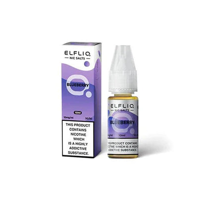 Elf Bar Elfliq 10ml blueberry nicotine salt e-liquid bottle and box with 10mg nicotine and 50/50 VG/PG ratio