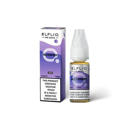 Elf Bar Elfliq 10ml blueberry nicotine salt e-liquid bottle and box with 10mg nicotine and 50/50 VG/PG ratio
