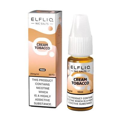 Elf Bar Elfliq 10ml Nic Salt Cream Tobacco flavor bottle and box with 20mg nicotine and 50/50 VG/PG ratio