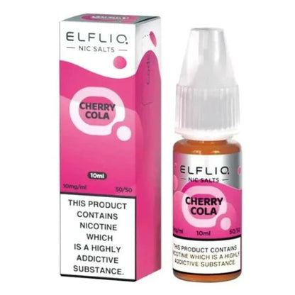 Elf Bar Elfliq 10ml Nic Salt Cherry Cola flavor bottle and box with 10mg nicotine and 50/50 VG/PG ratio