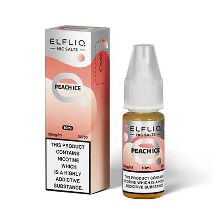 Elf Bar Elfliq Peach Ice 10ml nic salt bottle and packaging with 20mg nicotine strength and 50/50 VG/PG ratio.