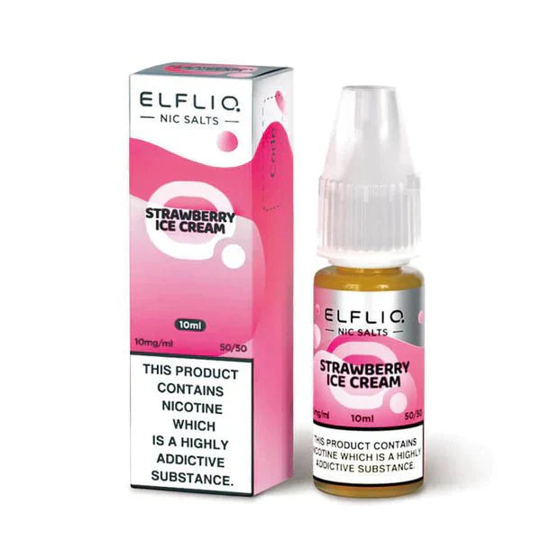 Elf Bar Elfliq Strawberry Ice Cream 10ml Nic Salt e-liquid bottle and box with 10mg nicotine strength and 50/50 VG/PG ratio
