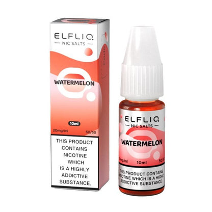 Elf Bar Elfliq Nic Salt 10ml Watermelon flavor bottle and box with 20mg nicotine and 50/50 VG/PG ratio.