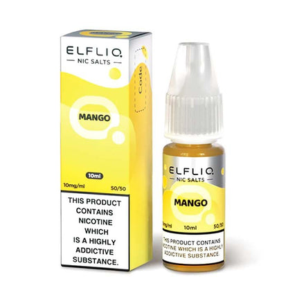 Elf Bar Elfliq Mango Nic Salt 10ml bottle with yellow packaging, 10mg nicotine strength, 50/50 VG/PG ratio.