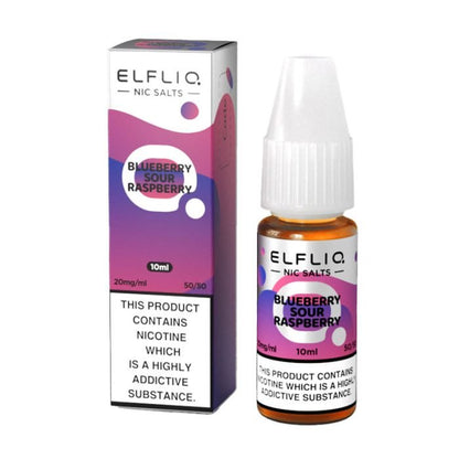 Elf Bar Elfliq 10ml Nic Salt Blueberry Sour Raspberry flavor bottle and box pack of 10 with 10mg and 20mg nicotine strength