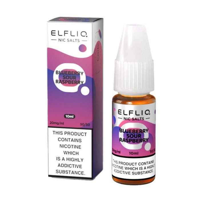 Elf Bar Elfliq 10ml Nic Salt Blueberry Sour Raspberry flavor bottle and box pack of 10 with 10mg and 20mg nicotine strength