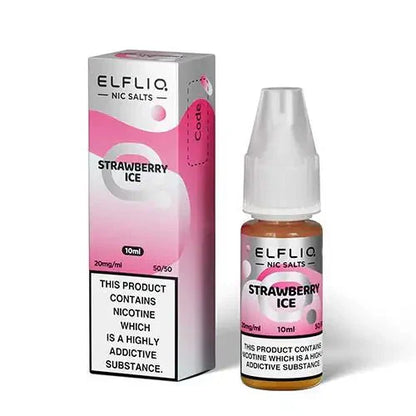 Elf Bar Elfliq Strawberry Ice 10ml Nic Salt e-liquid bottle and box with 20mg nicotine strength and 50/50 VG/PG ratio