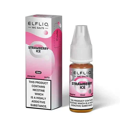 Elf Bar Elfliq Strawberry Ice 10ml Nic Salt e-liquid bottle and box with 20mg nicotine strength and 50/50 VG/PG ratio