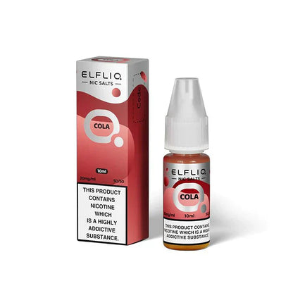Elf Bar Elfliq 10ml Nic Salt bottle and box in cola flavor with 20mg nicotine, VG/PG 50/50, pack of 10.