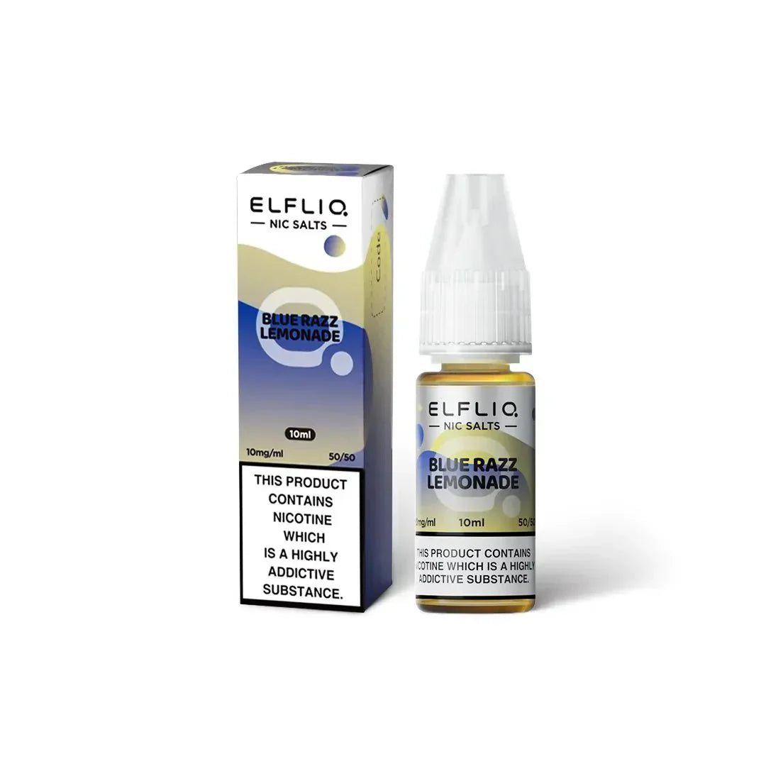 Elf Bar Elfliq 10ml Nic Salt Blue Razz Lemonade flavor bottle and box with 10mg nicotine strength and 50/50 VG/PG ratio