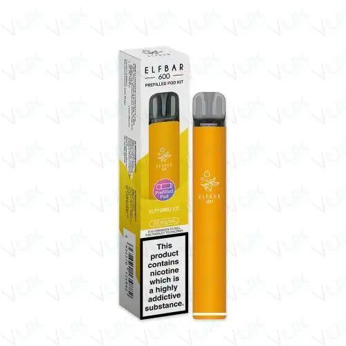 Elf Bar 600 Prefilled Pod Kit in yellow with 2ml prefilled pod and USB-C charging pack of 5 for smooth MTL vaping with 20mg nicotine salt e-liquid.