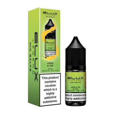 Elux Legend Nic Salts lemon lime flavored 10ml e-liquid bottle with nicotine warning label in green packaging box