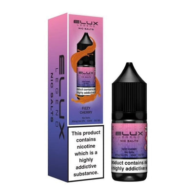 Elux Legend Nic Salts 10ml e-liquid bottle and packaging in fizzy cherry flavor with nicotine warning label