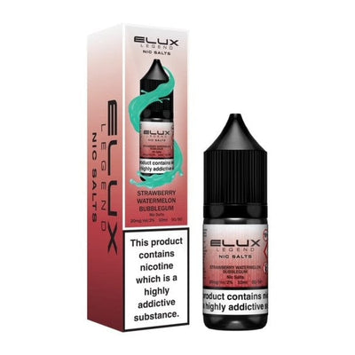 Elux Legend Nic Salts 10ml e-liquid bottle and box with strawberry watermelon bubblegum flavor, 10mg and 20mg nicotine options, 50vg/50pg ratio, pack of 10.