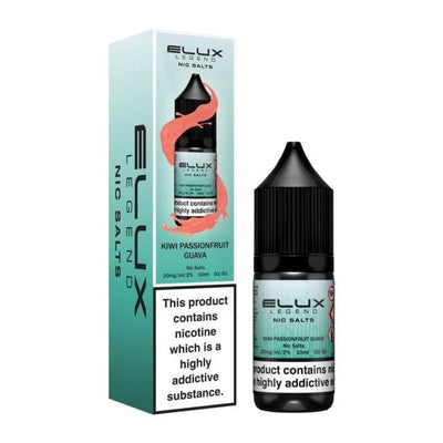 Elux Legend Nic Salts 10ml e-liquid bottle and box with kiwi passionfruit guava flavor, 10mg and 20mg nicotine options, 50vg/50pg ratio, pack of 10