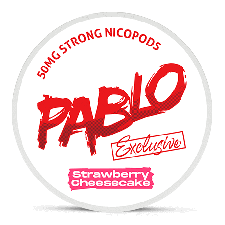 Pablo Exclusive Nicopods strawberry cheesecake flavor, 50mg strong nicotine pouches, slim and discreet design, tobacco-free nicotine boost