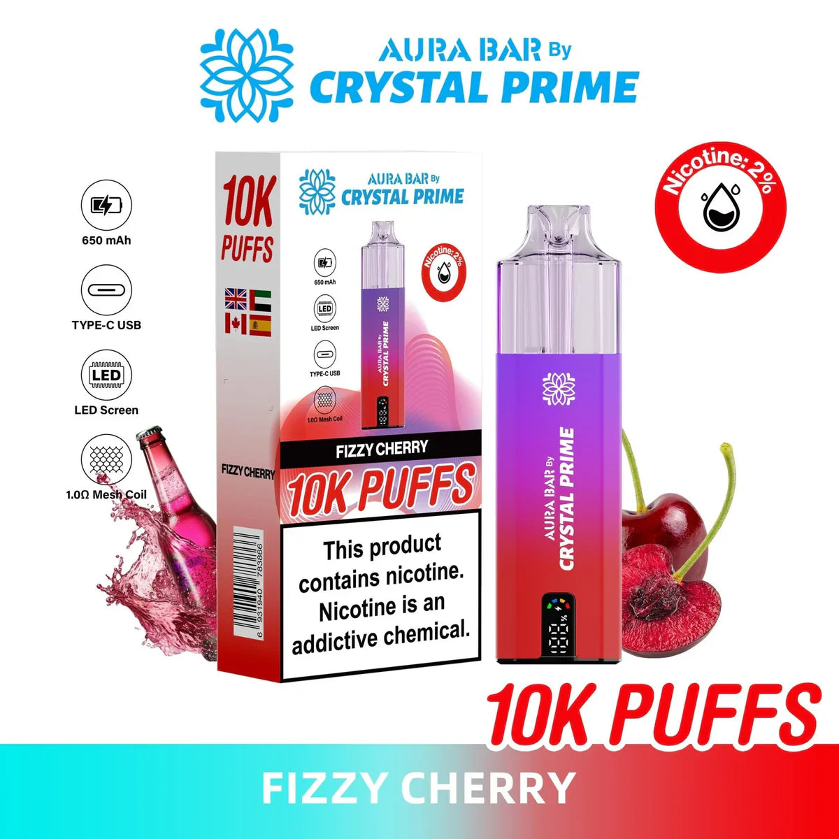 Crystal Prime 10000 Puffs reusable vape in fizzy cherry flavor with 650mAh, Type-C USB, LED screen, and 2% nicotine.
