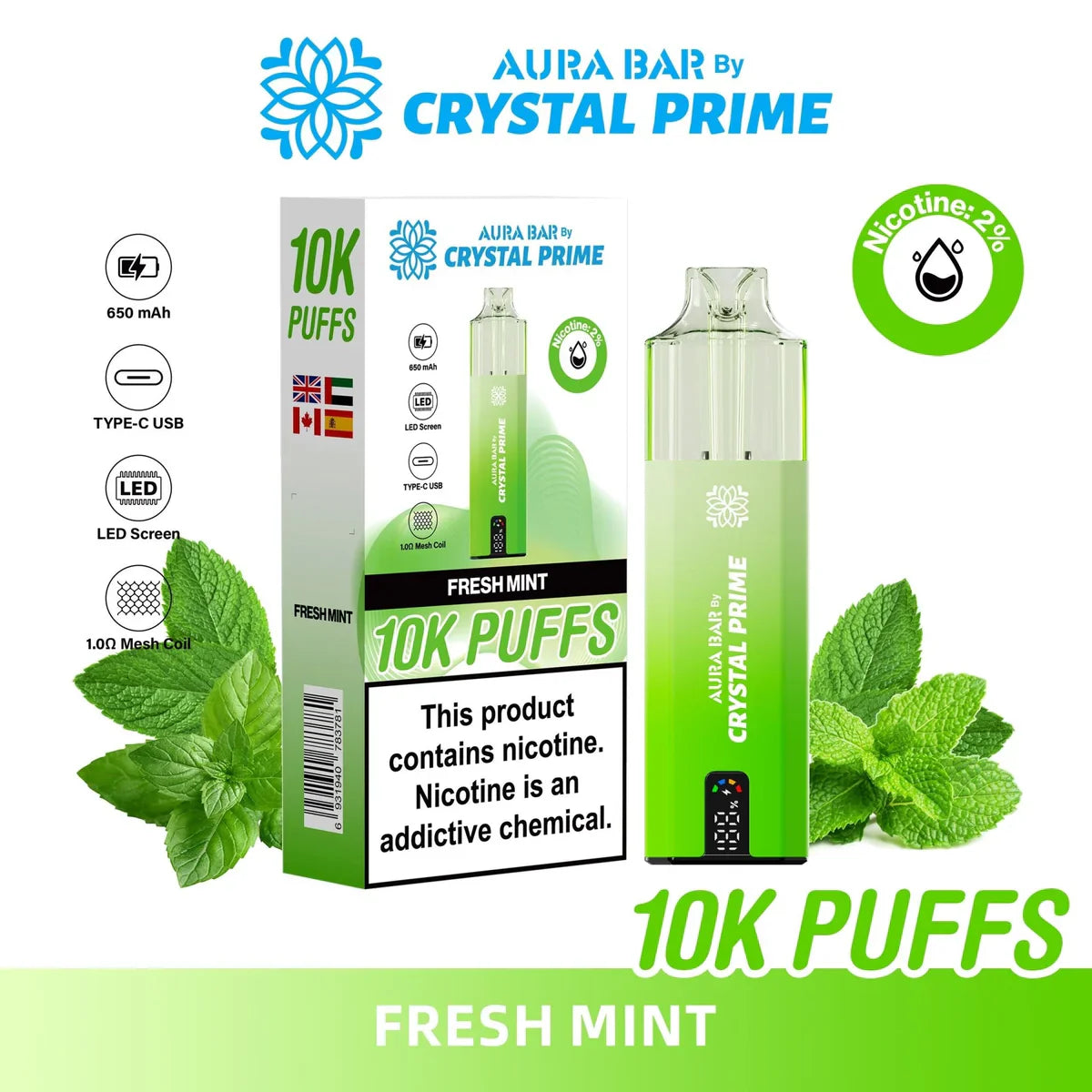 Crystal Prime 10000 Puffs Fresh Mint reusable vape with 650mAh battery and LED display package