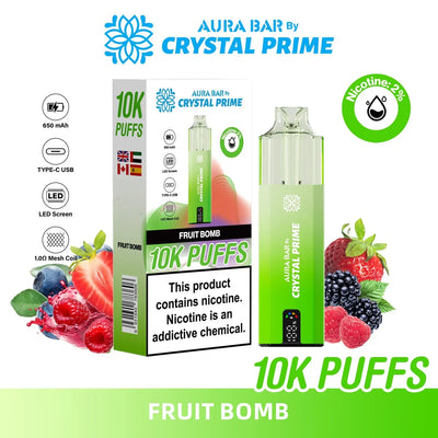 Crystal Prime 10000 Puffs reusable vape in fruit bomb flavor with 650mAh battery and LED screen.