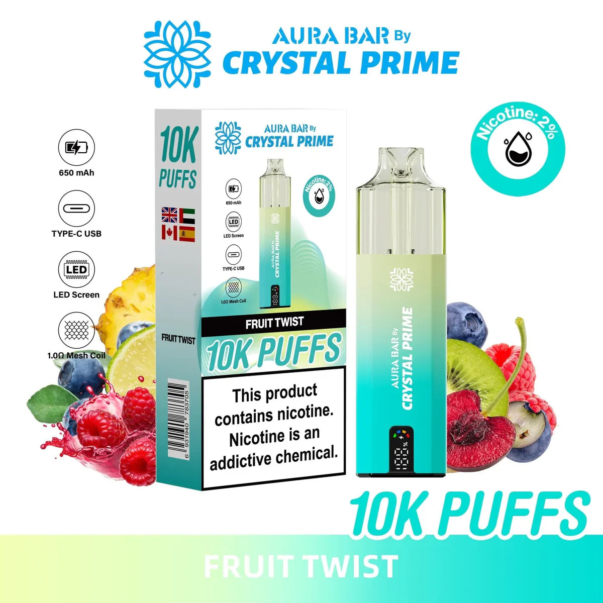 Crystal Prime 10000 Puffs reusable vape in Fruit Twist flavor with 650mAh battery and LED screen, nicotine 2%