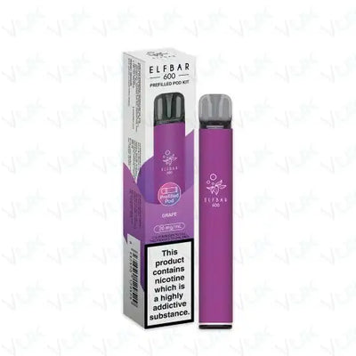 Elfbar 600 Prefilled Pod Kit in purple with 20mg nicotine salt, featuring 500mAh battery, mesh coil, and USB-C charging, pack of 5.