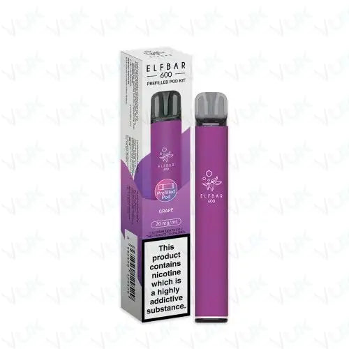 Elfbar 600 Prefilled Pod Kit in purple with 20mg nicotine salt, featuring 500mAh battery, mesh coil, and USB-C charging, pack of 5.